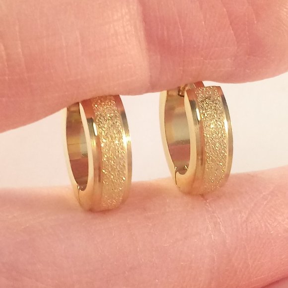 Mens Gold Stainless Steel Frosted Sandblast Hoop Earrings 14mm Party Gift - Picture 2 of 5